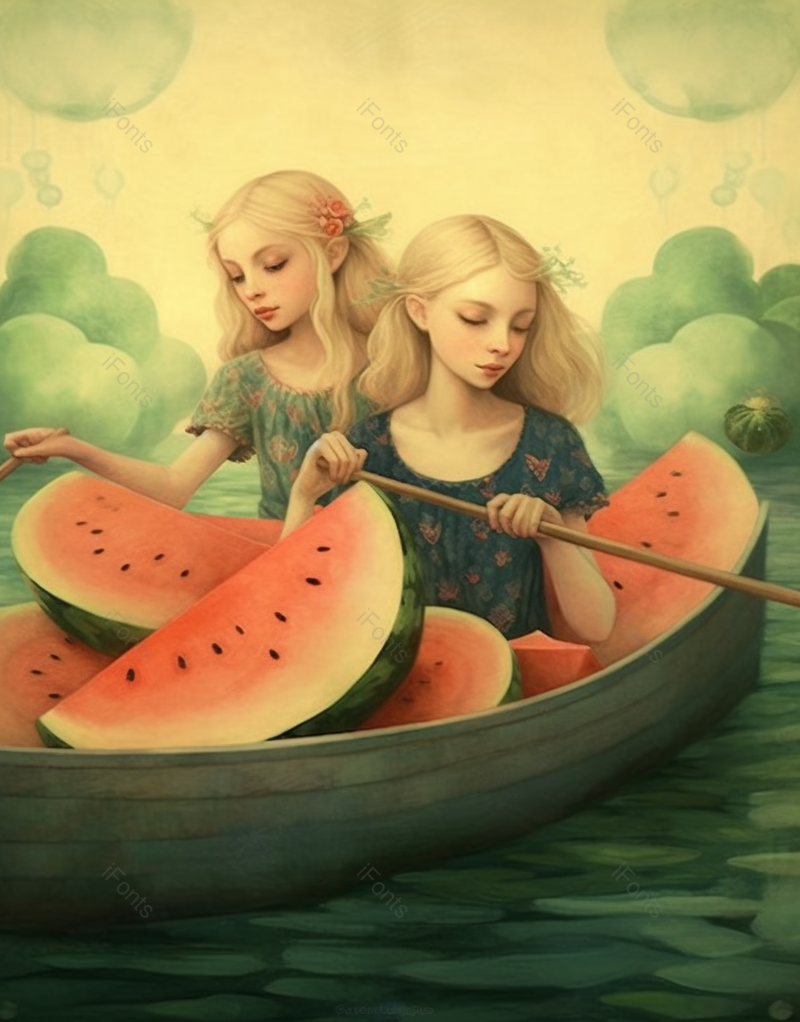 油画夏天小暑裙子女孩们乘船漂流冒险西瓜水果插画,插画/手绘图,插画/手绘图库,插画/手绘图下载,插画/手绘